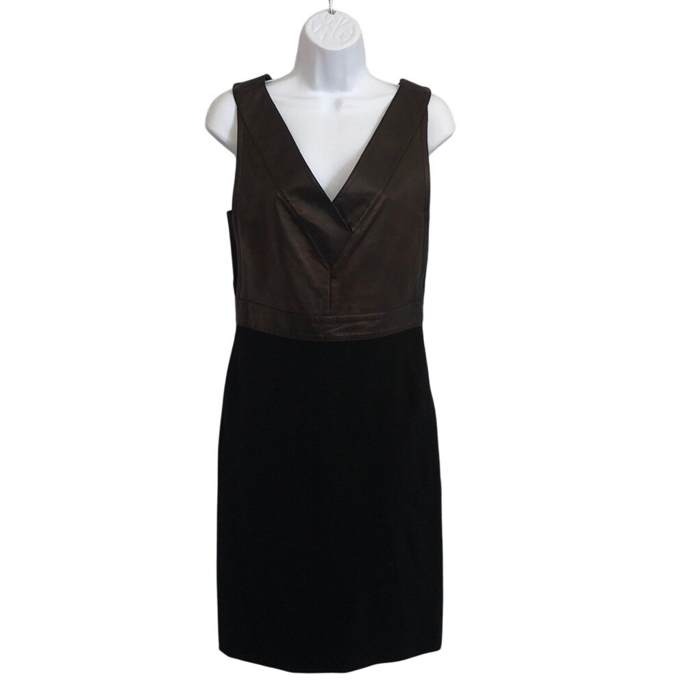 Theory Leather Bodice Mixed Media‎ V-Neck Sheath Dress Bronze Black Sleeveless